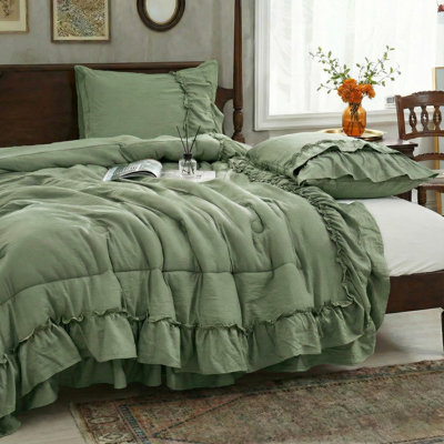 Avocado Green Queen Size Comforter Set, 3-Piece Ruffle Bedding, Soft Microfiber Boho Farmhouse Comforter for All Seasons