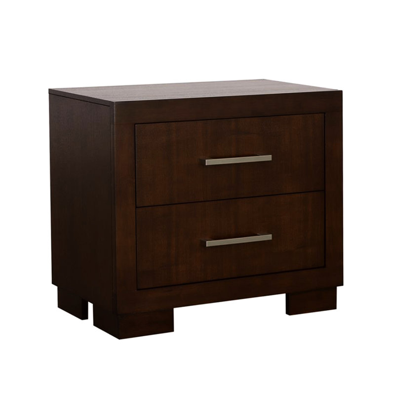 Table de chevet de couleur cappuccino avec 2 tiroirs pour la chambre à coucher - matériau de panneau de particules, doublure en feutre, meubles en finition argent à poignées en panneau, protection doublée,