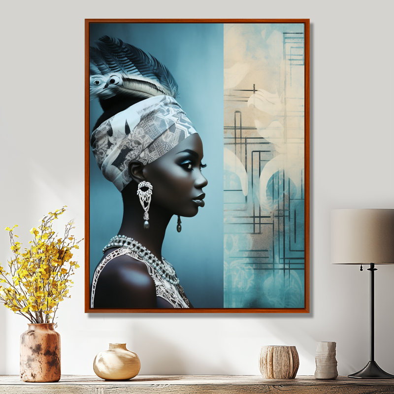 Gracieux portrait africain rétro stylisé - art mural africain, salon, Cadre flottant brun, H 20 po x l 12 po