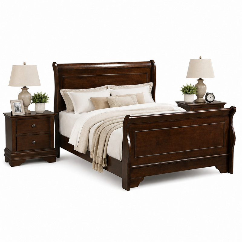 Ensemble de chambre à coucher grand lit, bois brun, ensemble de 3 pièces avec 2 tables de chevet