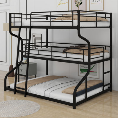 Full XL Over Twin XL Over Queen Triple Bunk Bed with Dual Ladders and Safety Guardrails, Black Metal Frame