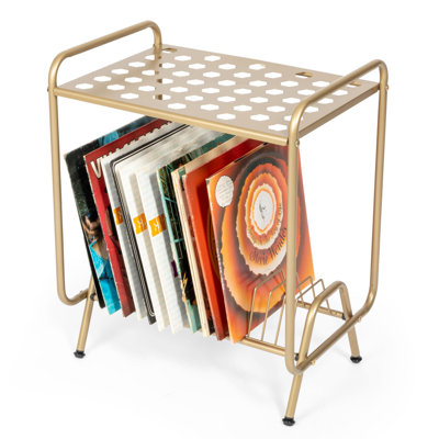 2-Tier Gold Metal Record Player Stand With 16 Slot Vinyl Record Holder - Honeycomb Design Turntable Shelf With Record Shelf, Vinyl Record Player Stand