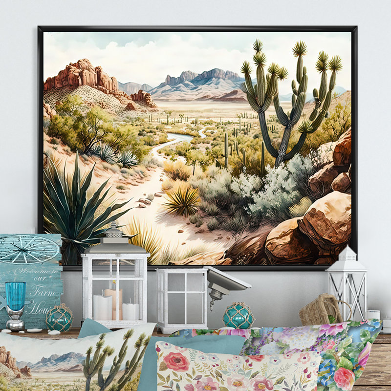 Arizona Desert II - art mural occidental, Cadre flottant noir, H 16 po x l 32 po x P 1 po