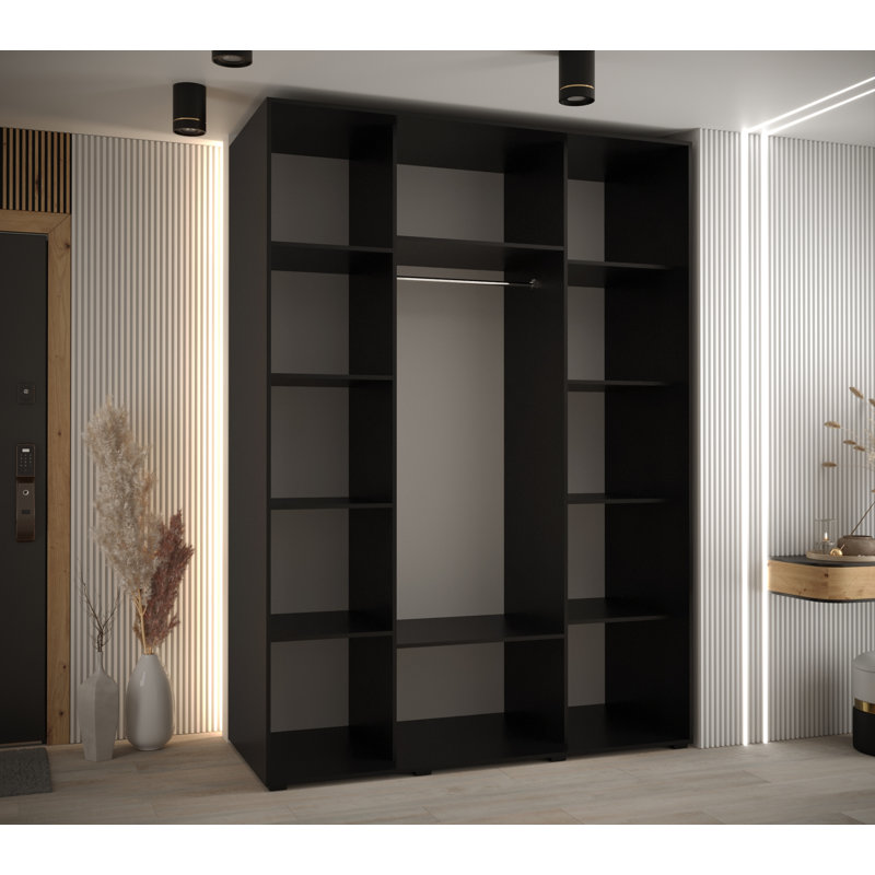 3 Door Manufactured Wood Wardrobe, Black, 235.2cm H x 160cm W x 60cm D