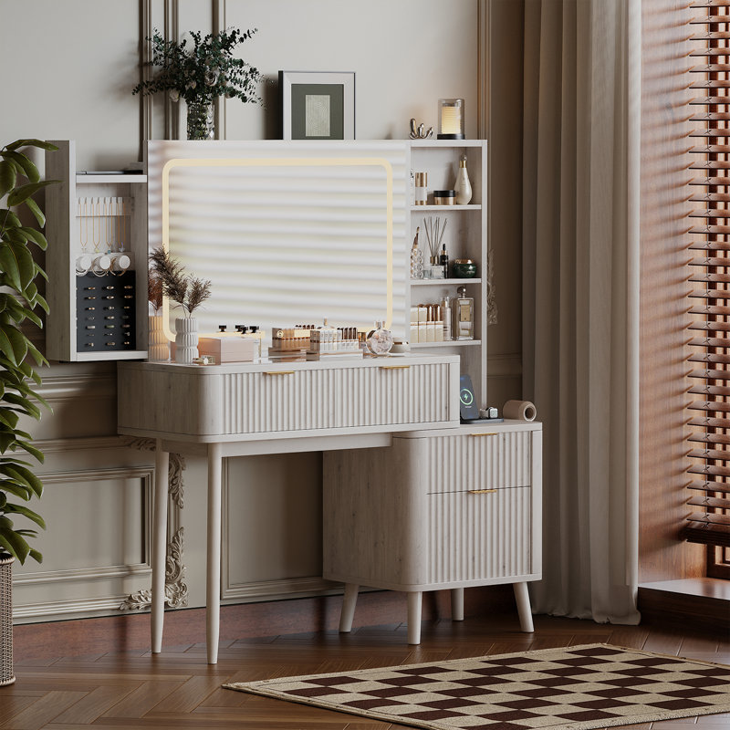  Meuble-lavabo moderne cannelé 47,2 po avec miroir DEL, Blanc