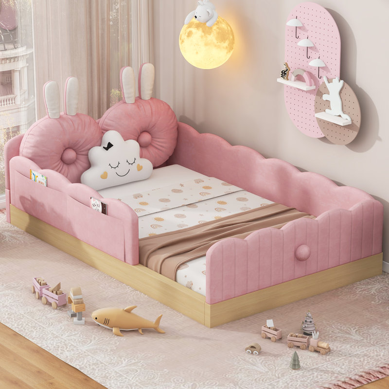 Upholstered Bed With Pillows And Bags On Sides, Pink