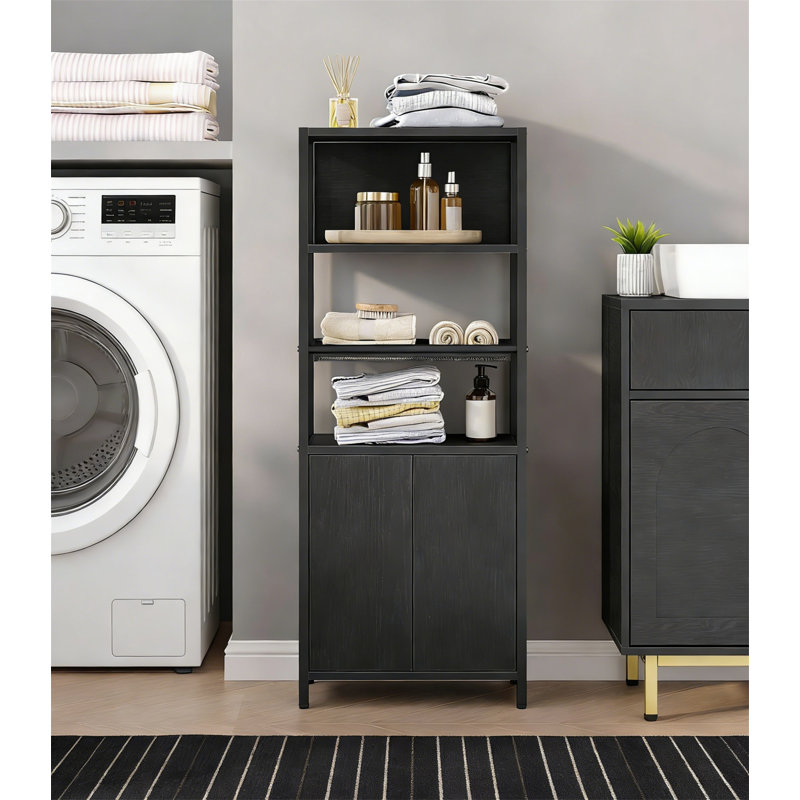 Bathroom Floor Cabinet With Doors, Open Adjustable Shelf, Ventilated Metal Grid, Freestanding - White