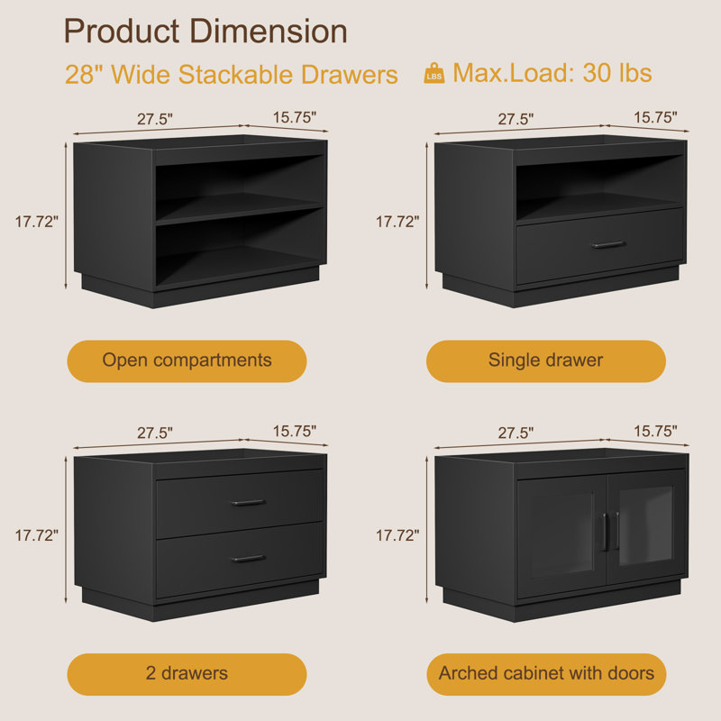 Tiroirs de rangement empilables, bacs de rangement de 28 po de largeur avec 2 portes pour les organisateurs de placard, organisateur de placard empilable en bois, grandes unités modernes pour salon, couloir, chambre à coucher, noir