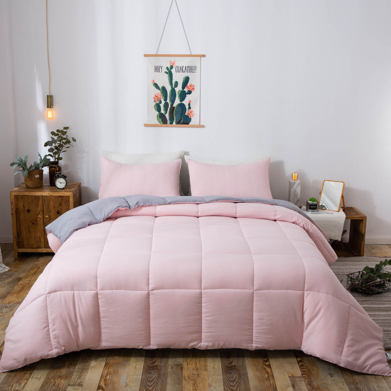 All Season Down Alternative Quilted Comforter Set-Reversible Bedding Set-Machine Washable, Pink