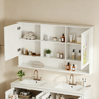 Armoire à pharmacie blanche pour salle de bain de 60 po de large avec portes à double miroir et tablettes ouvertes Baume