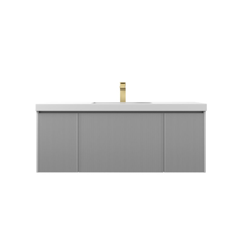 Meuble-lavabo mural 48 po avec lavabo simple en acrylique Lucella - devant cannelé, tiroirs à fermeture en douceur, conception flottante