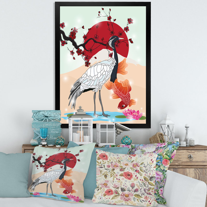 «Crane Bird and Koi Fish», impression sur toile encadrée, H 32 po x l 24 po x P 1 po, Cadre noir