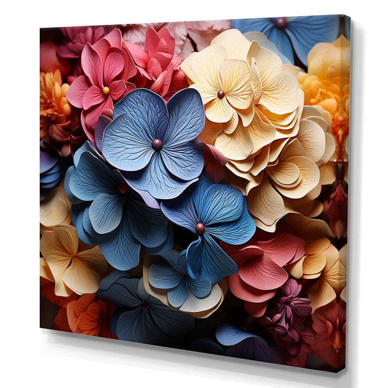Hortensia bleue et orange en fleurs III sur toile, Toile tendue, H 16 po x l 16 po x P 1 po