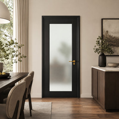 32" x 80" Black Prefinished 1-Lite Tempered Frosted Glass Solid Core Manufactured Wood French Interior Door Slab for Pantry, Bathroom and Office, Without Frame and Hardware Kit