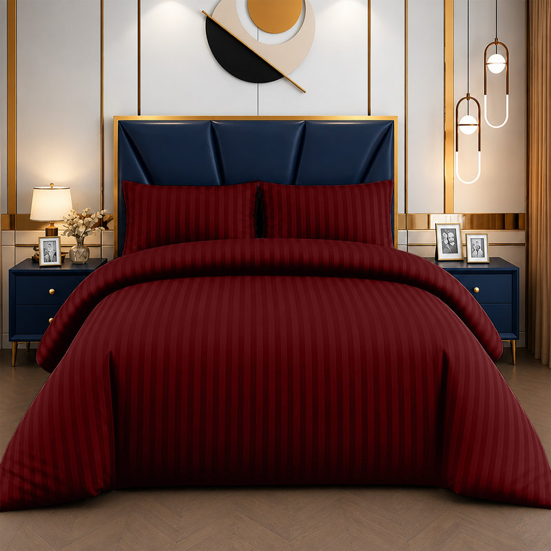 Microfiber Striped Duvet Cover Set with Matching Pillowcases and Stripe Fitted Sheet, Burgundy