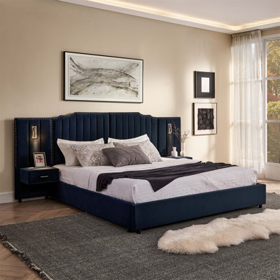 King Size Upholstered Bed Frame With Velvet, Vertical Stripe Design, Buttons, Headboard, And Bedside Table - No Box Spring Needed