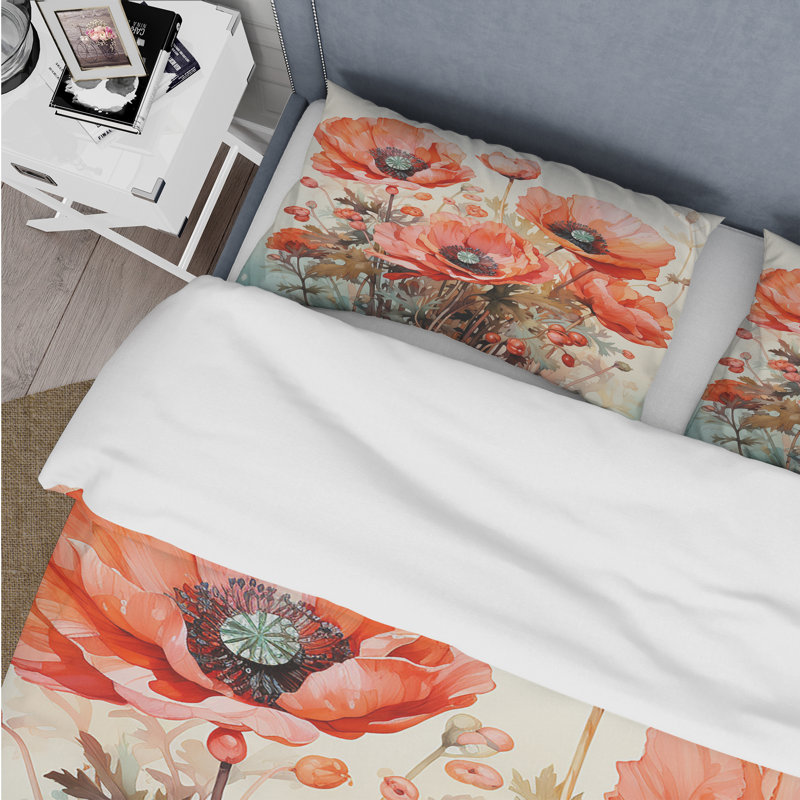 Ensemble de housse de couette Red Serene Poppy Meadows I - Poppy, Housse de couette pour grand lit et 2 taies décor