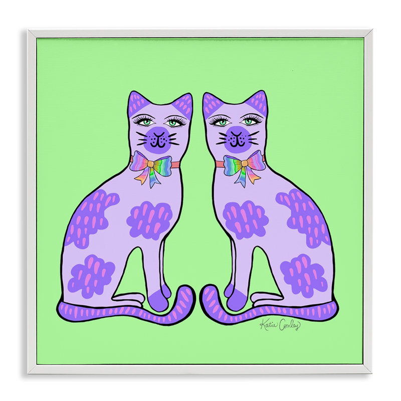 Giclée sur fond vert, chats mauves, design par Katie Conley, H 17 po x l 17 po, Giclée encadrée blanc bord de mer