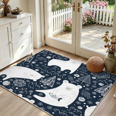 Tapis d'intérieur bleu lavable à la machine, avec de jolis motifs d'ours polaires et de poissons.