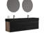 Meuble-lavabo moderne avec deux lavabos doubles de 72 pouces, tiroirs noirs doux, panneau de grille, épissage de couleur noyer, panneaux de qualité E1, laque à base d'eau E0, comptoir, lavabo en granit intégré, trop-plein