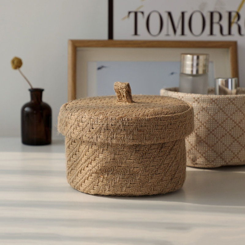 1 panier de corde en jute avec couvercle, paniers tissés décoratifs avec couvercles, panier rond, petit panier avec couvercle, paniers de rangement avec couvercles