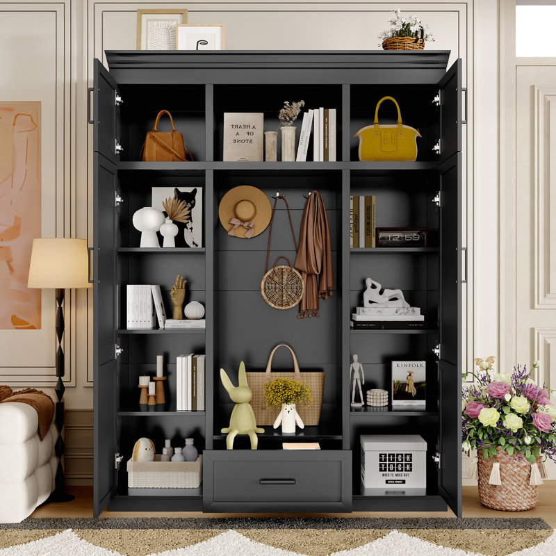 VIBE HAUS 85.2''H Hall Tree With Bench And 3 Hooks, Modern Entryway Storage Organizer Cabinet With 4 Doors, 1 Drawer And Adjustable Shelves For Hallway, Entryway, Living Room