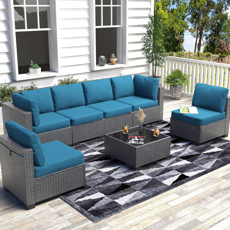 Ensemble de 7 chaises d'extérieur avec coussins souples détachables Patio Ensemble de conversation modulaire imperméable avec plateau en verre