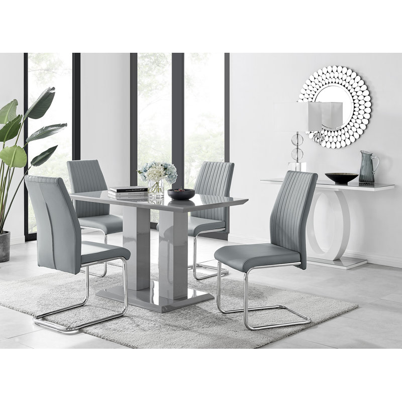 Edzard Double Pedestal High Gloss Dining Table Set with 4 Luxury Faux Leather Dining Chairs, Grey