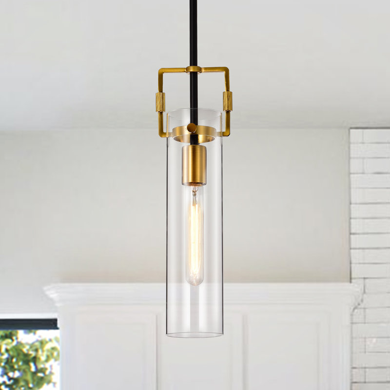 Black and Antique Gold 1-Light Mini Pendant with Clear Cylindrical Glass Shade, Black/Antique Gold, 1