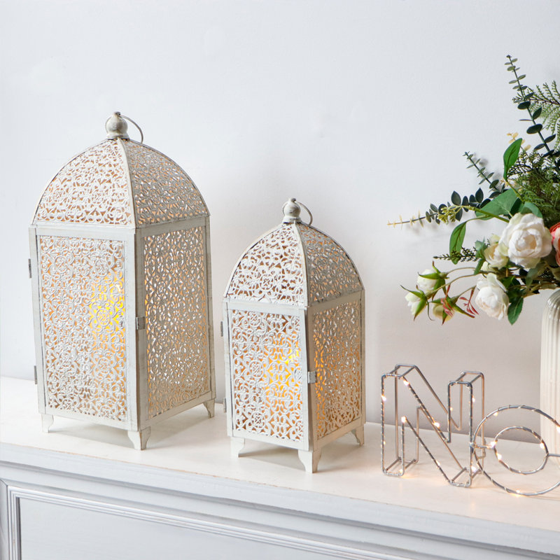 2 Piece Metal Tabletop Lantern Set, White