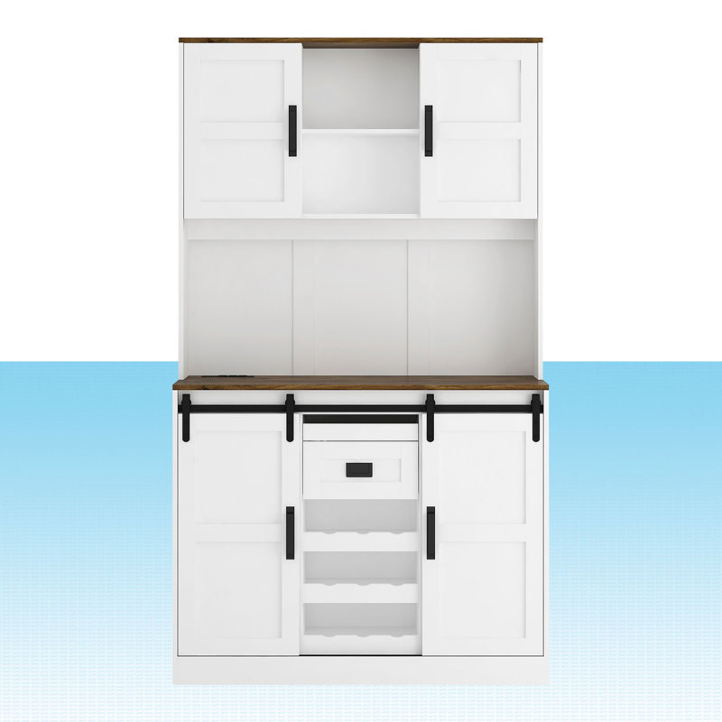 Buffet 72 po avec station de charge, rangement de cuisine autoportant avec huche, porte de grange coulissante, bande lumineuse à DEL