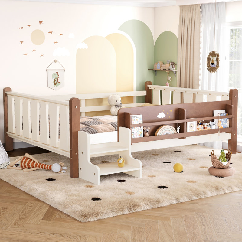 Lit en bois massif pour enfants avec bibliothèques, escaliers mignons et garde-corps, Lit double, Beige