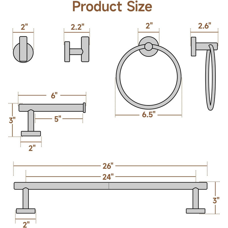 5 Piece Bathroom Accessories, 24-Inch Towel Bar Set, Stainless Steel Bathroom Hardware Set, Matte Black