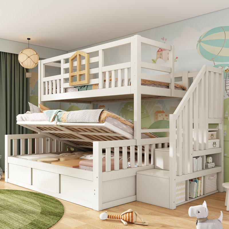 White Cabin Bunk Bed with Full & Half Beds, Hydraulic Storage