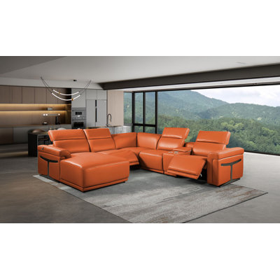 Canapé modulaire en forme de L 6 pièces Camel en cuir italien de qualité supérieure avec 2 fauteuils inclinables électriques et appuis-tête réglables Camel