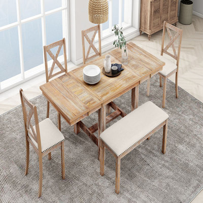 Farmhouse 82inch 6-Piece Extendable Dining Table with Footrest, 4 Upholstered Dining Chairs and Dining Bench, Two 11"Removable Leaf