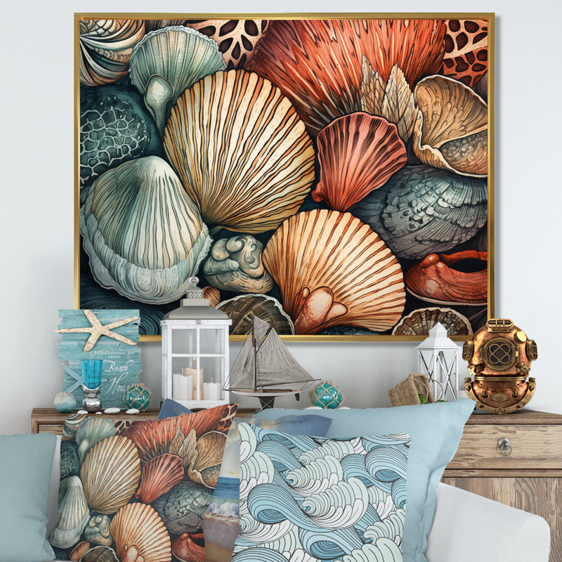 Seaside Seashells III sur toile, H 30 po x l 40 po x P 1,5 po, Cadre flottant doré