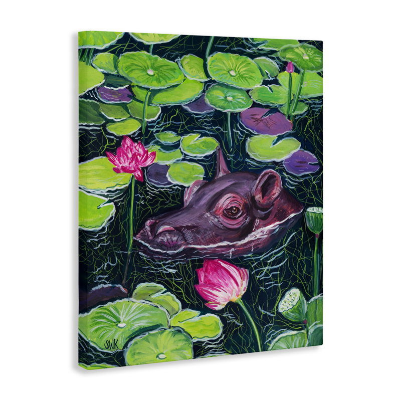 Toile Hippo & Blossoms Pond, design par Sarah Waldron Kimball, H 20 po x l 16 po