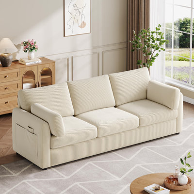 79" Striped Corduroy Upholstered 3 Seater Sofa With Armrest Pockets