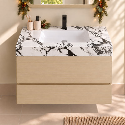 Meuble-lavabo flottant 29,9 po avec comptoir en pierre frittée en faux marbre et lavabo encastré en céramique, fixation murale pour petites salles de bain et appartements