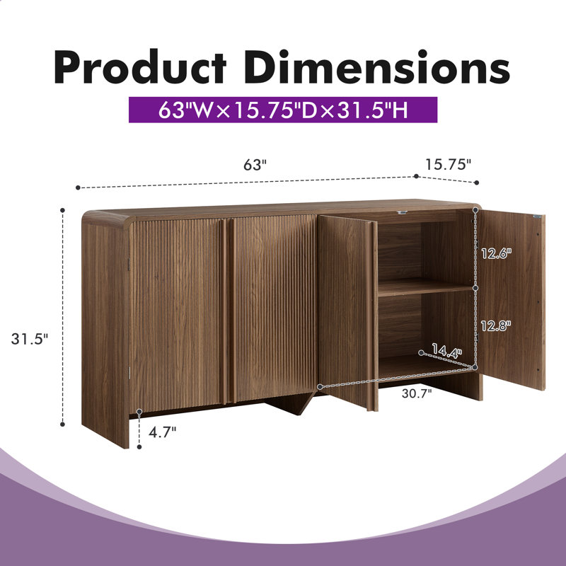 Dulane 63" Modern 4-Door Sideboard With Rounded Edges And Pine Handles, Brown, Brown