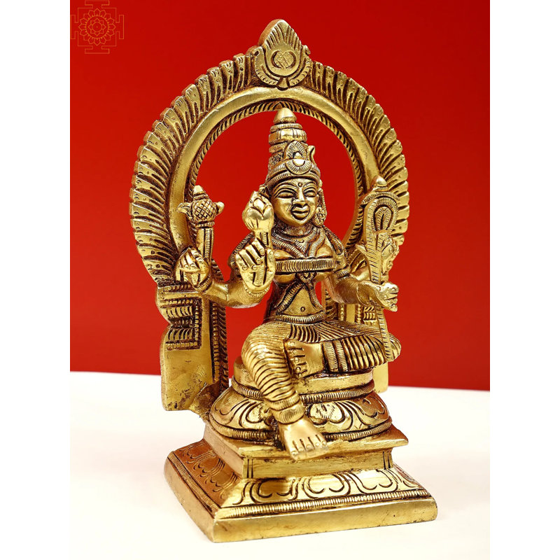 6" Goddess Rajarajeshwari Idol (Tripura Sundari) Brass Statue – Handcrafted Lalitasana Pose with Floral Aureole for Spiritual Home Décor