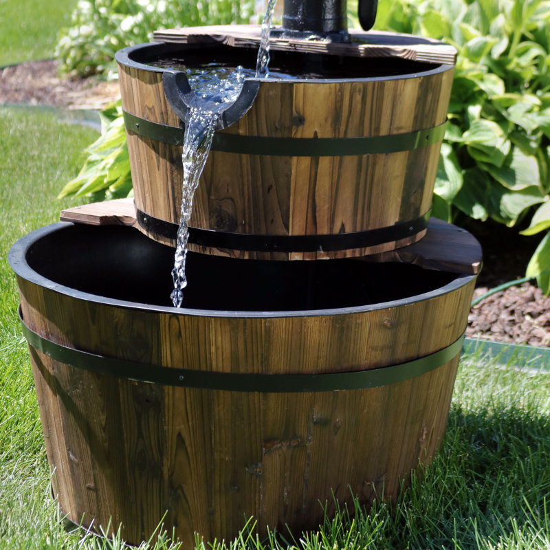 34" Rustic Fir Wood 2-Tier Barrel Water Fountain with Metal Hand Pump
