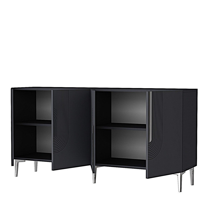 Console moderne avec option de fixation murale, anthracite et argent, 59,1 po x 29,5 po x 12,6 po | 100% panneau de particules enduit de mélamine, épaisseur: 0,7 pouce | Plusieurs tablettes pour le rangement et la présentation, conception géométrique élégante pour les espaces contemporains
