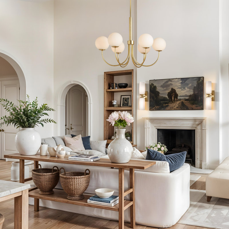 Metal Modern Pendant Light – 30" Metal, Glass Gold, Ivory White Large Globe 6-Light Hardwired Adjustable Light Fixture for Dining Room or Living Room in Mid-Century Modern, Scandinavian, and Contemporary Style