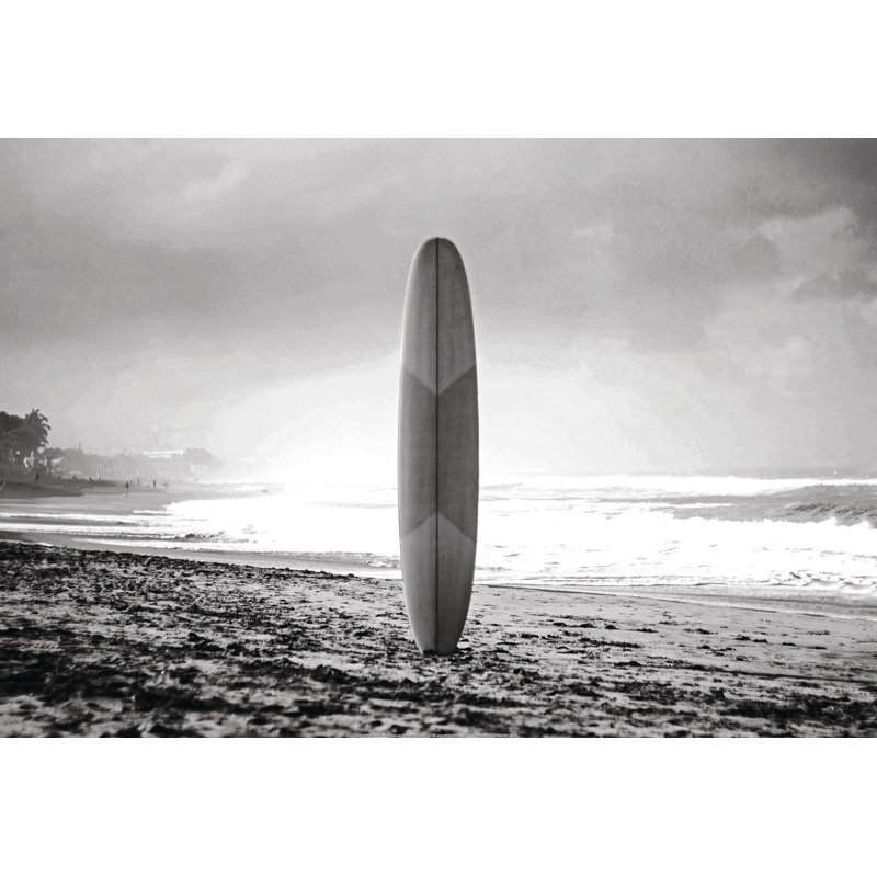 Free Standing Surf Board On Coast - Wrapped Canvas Print, 30cm H x 46cm W