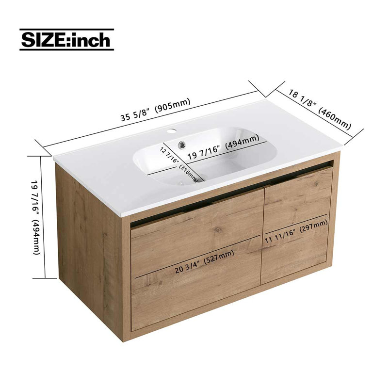 Meuble-lavabo simple mural 35,6 po avec plateau en acrylique Jenziel, Brun clair
