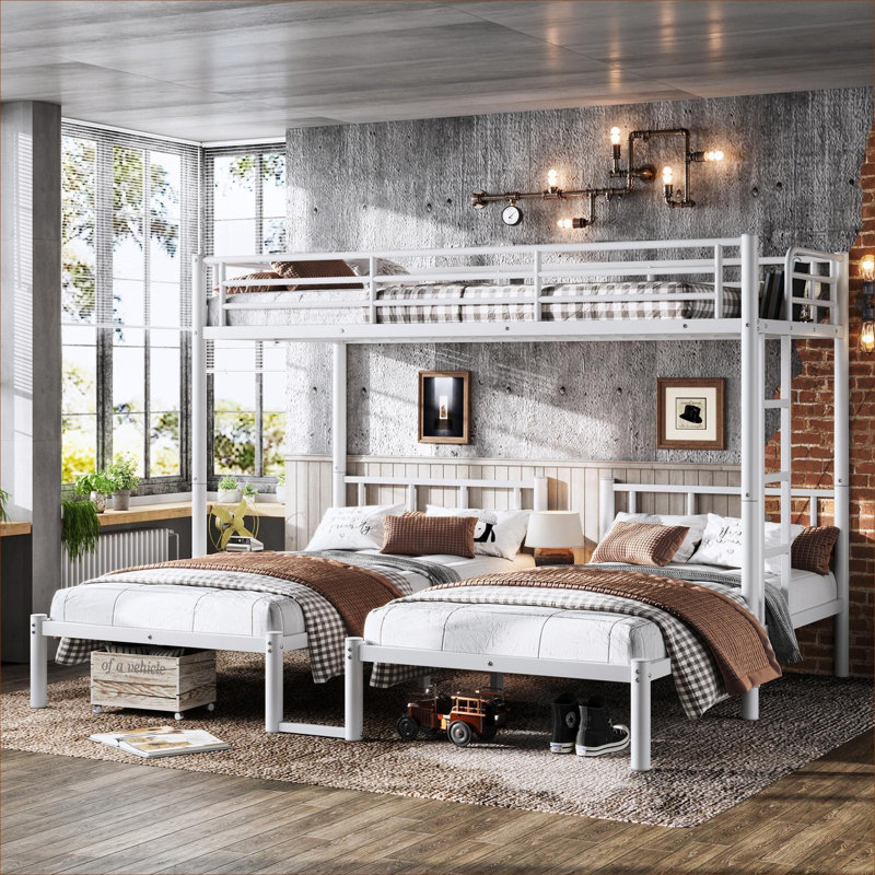 3-Sleeper Convertible Triple Bunk Platform Bed, Detachable Mixed Metal and MDF Construction, White-Toned, White
