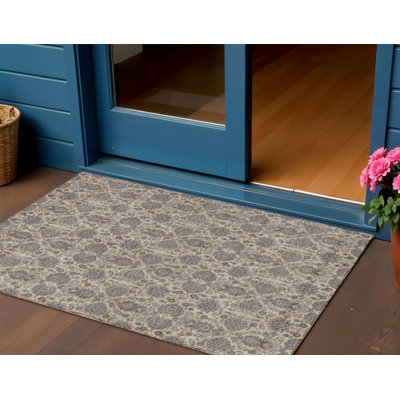 Tapis extérieur lavable floral taupe 3 pi x 5 pi ivoire