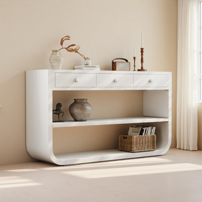 Console moderne avec 3 tiroirs à fermeture en douceur et 2 tablettes ouvertes, base en bois massif